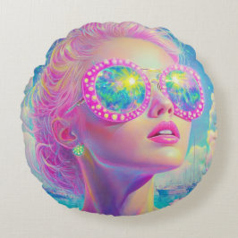Cojín Redondo Glamorosa mujer neón con gafas de espuma