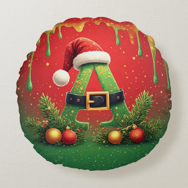 Cojín Redondo Glitter Dorado A Para Navidad Familiar (Anverso)