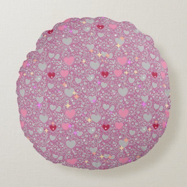 Cojín Redondo Glittering Hearts Pattern 01 Lgrey BG (Anverso)