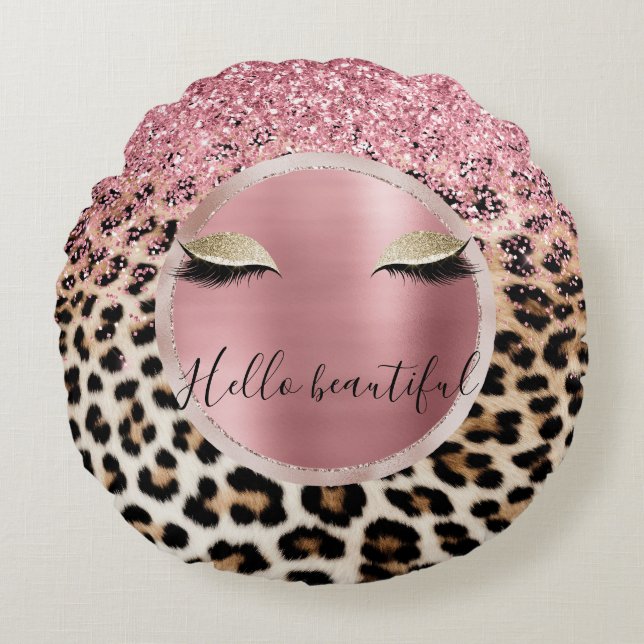 Cojín Redondo Glitzy Purpurina Rosa Oro Eyelashes Leopardo (Anverso)