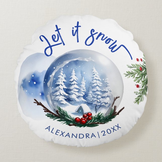Cojín Redondo Globe De Nieve Azul De Invierno Y Nombra Acuarela (Anverso)