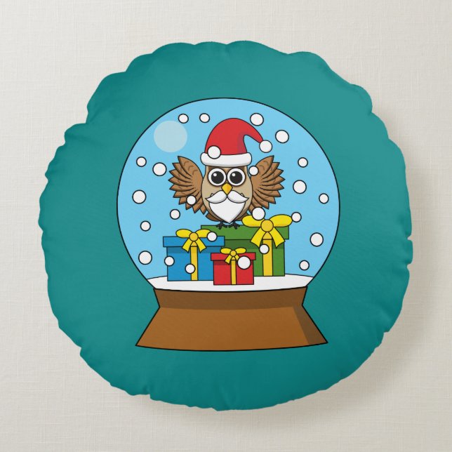 Cojín Redondo Globe de nieve con búho de Santa Claus (Anverso)