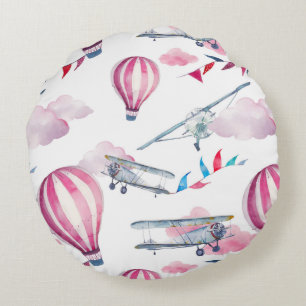 Cojín Redondo Globos aerostáticos y biplanos
