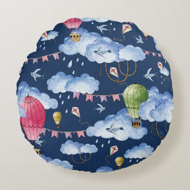 Cojín Redondo Globos caprichosos: Patrón de nubes acuarelas (Anverso)