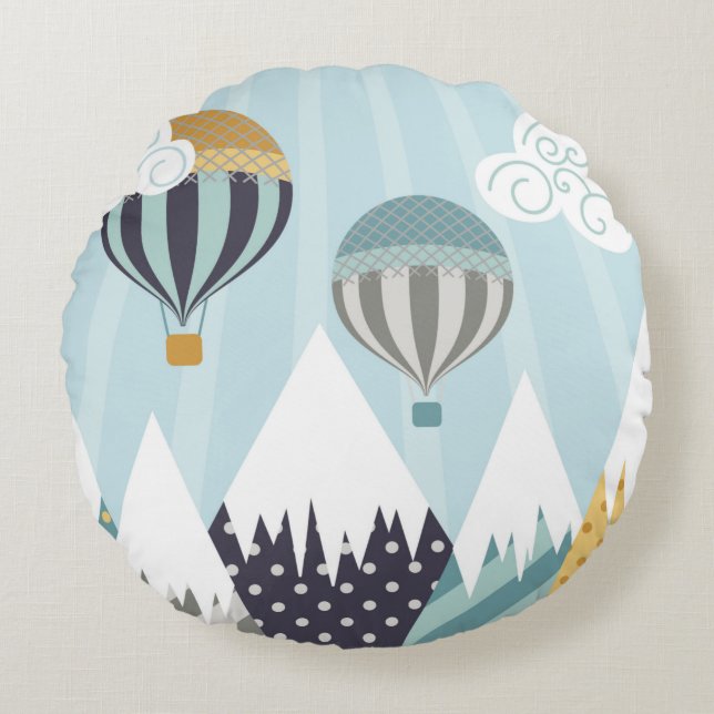 Cojín Redondo Globos de aire caliente azul (Anverso)