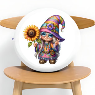 Cojín Redondo Gnome Hippie lindo con girasol