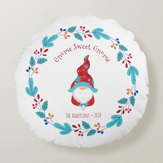 Cojín Redondo Gnome Sweet Gnome Cute Modern Elf Floral Wreath (Anverso)