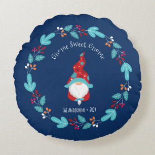 Cojín Redondo Gnome Sweet Gnome Elf Moderno Floral Wreath Blue
