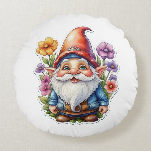 Cojín Redondo Gnome Y Flores 1 (Anverso)