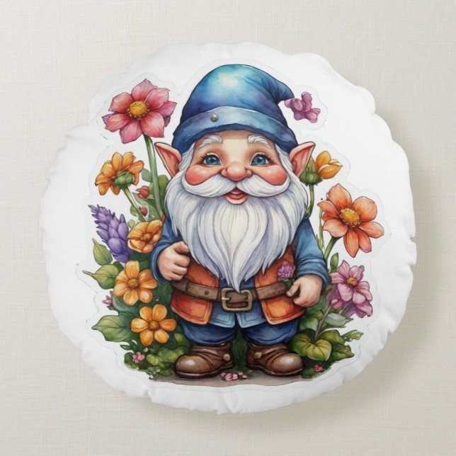 Cojín Redondo Gnome Y Flores 2 (Anverso)