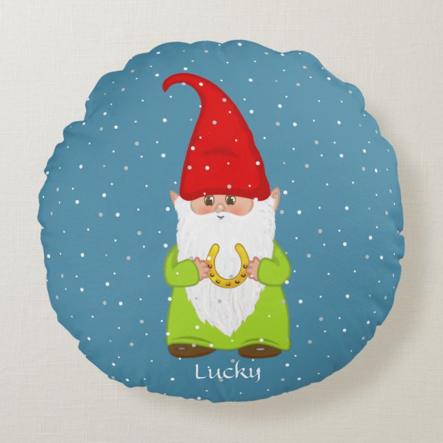 Cojín Redondo Gnome y herradura divertidos en azul zafiro (Anverso)