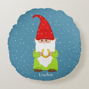 Cojín Redondo Gnomo Divertido & Herradura sobre Azul Zafiro