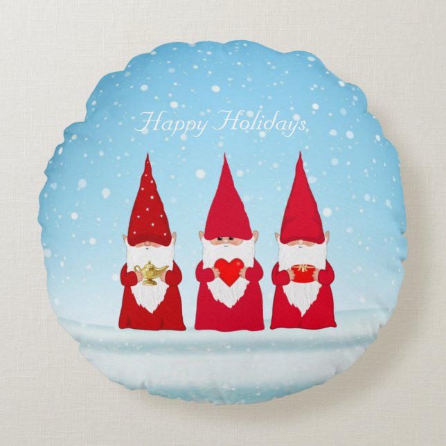 Cojín Redondo Gnomos de Navidad en azul claro (Anverso)