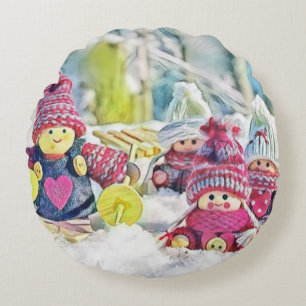 Cojín Redondo Gnomos en la pintura de acuarela de nieve vintage 