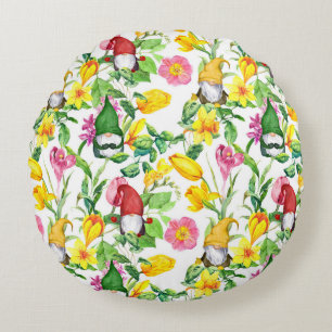 Cojín Redondo gnomos escandinavos: acuarela floral de primavera.