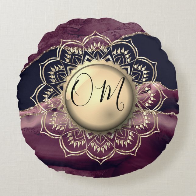 Cojín Redondo Gold Lotus OM Mandala Purple Agate (Anverso)