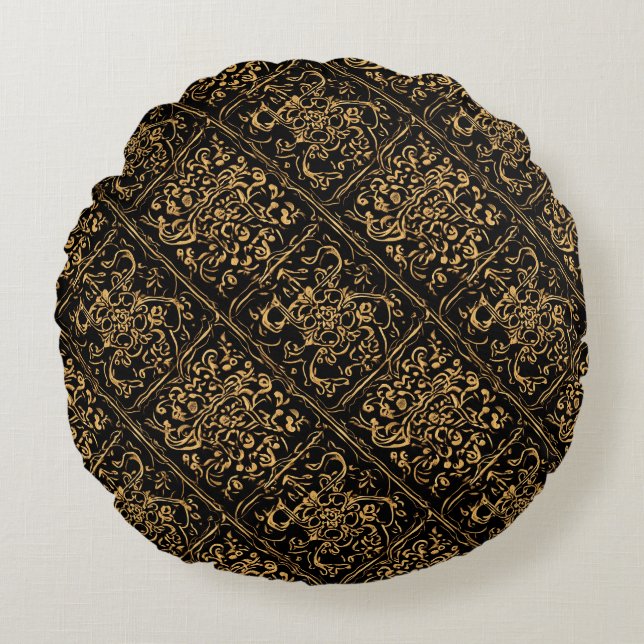 Cojín Redondo Gold Ornamental Baroque Pattern On Black (Anverso)