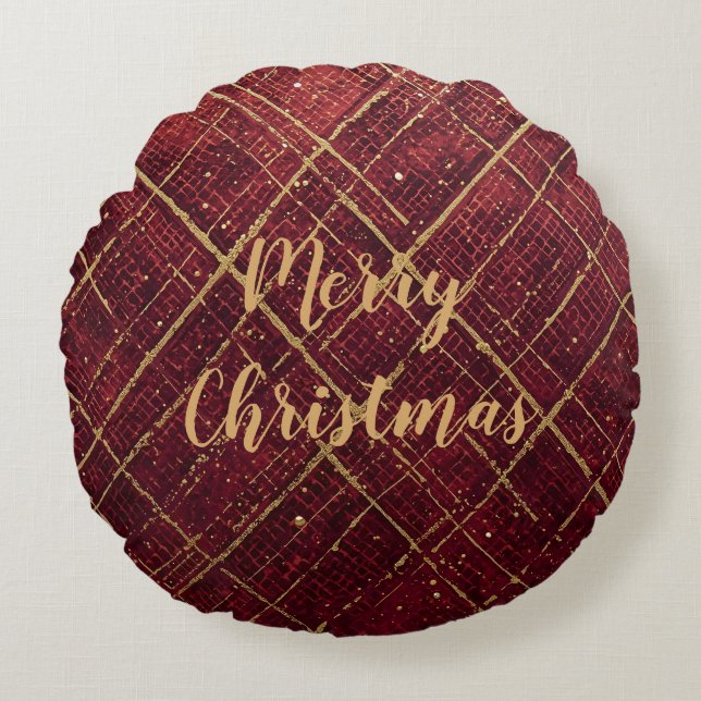 Cojín Redondo Gold Red Cross Pattern, Gold Merry Christmas (Anverso)
