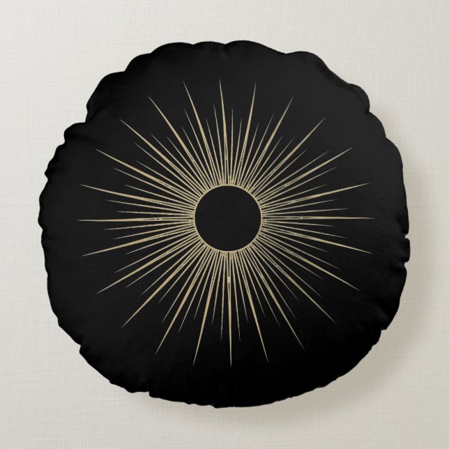Cojín Redondo Gold Sunburst Black Minimal Round Throw Pillow (Anverso)