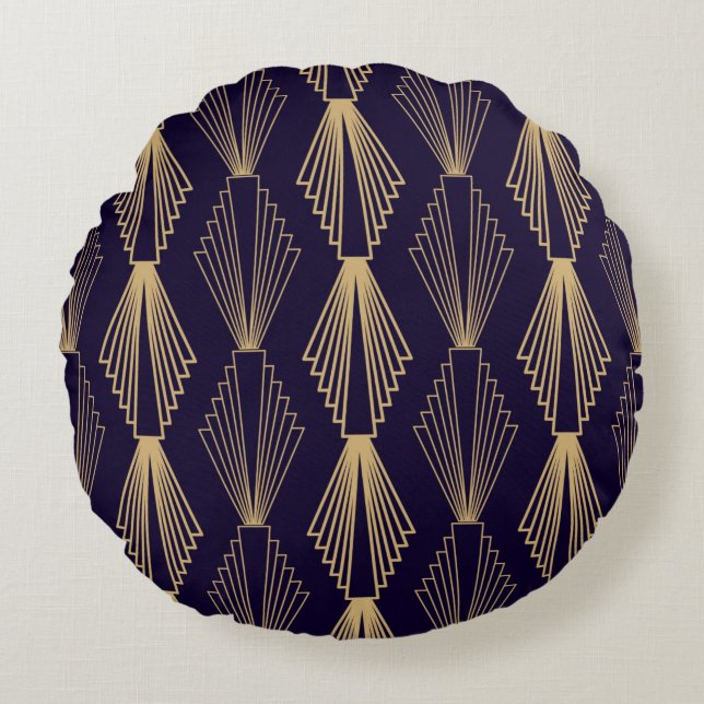 Cojín Redondo Golden art Deco Pattern. Seamless dark blue backgr (Anverso)