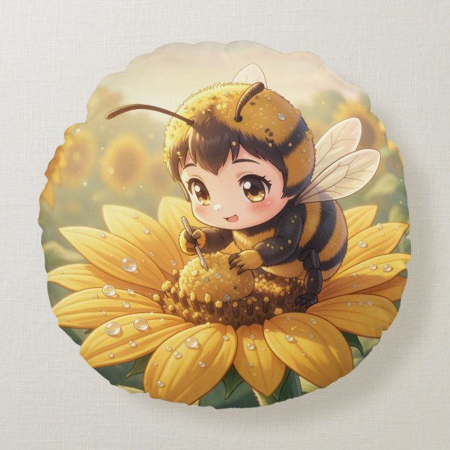 Cojín Redondo Golden Bumblebee in Bloom Dance.3 (Anverso)