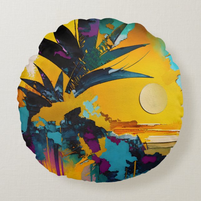 Cojín Redondo Golden Horizon – Abstract Tropical Sunset (Anverso)