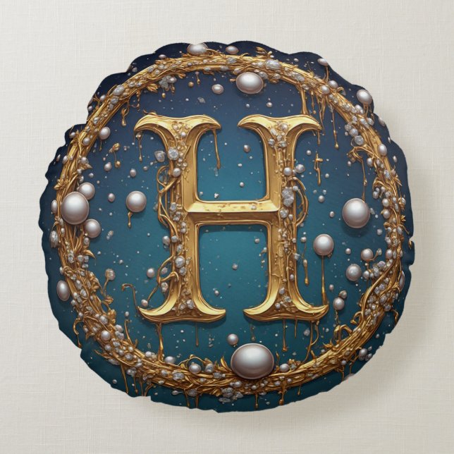 Cojín Redondo Golden Monogram Initial Letter H (Anverso)