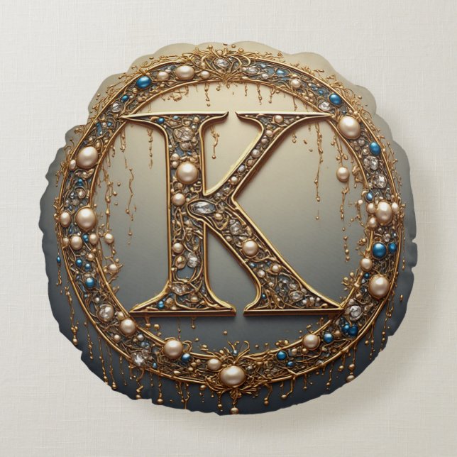 Cojín Redondo Golden Monogram Initial Letter K (Anverso)