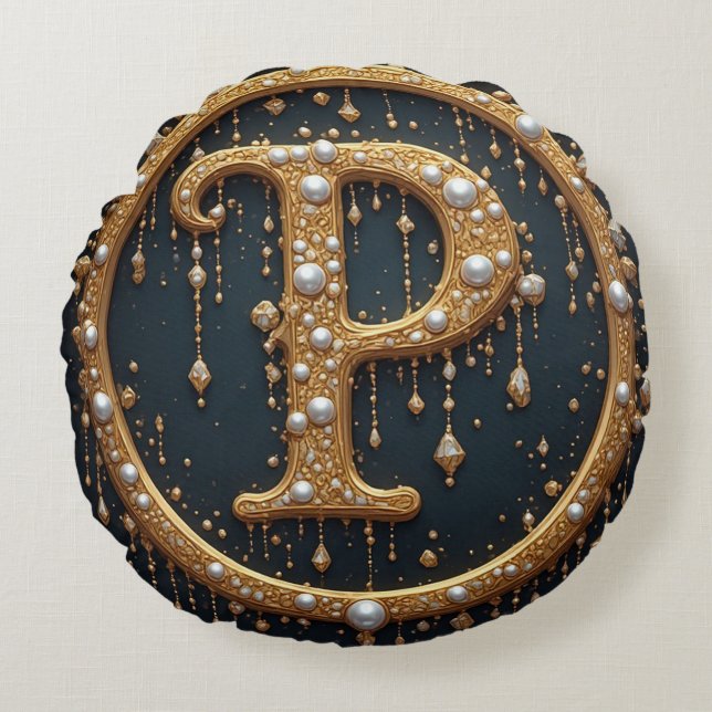 Cojín Redondo Golden Monogram Initial Letter P (Anverso)