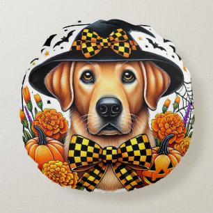 Cojín Redondo Golden Retriever con sombrero de bruja junto a cal