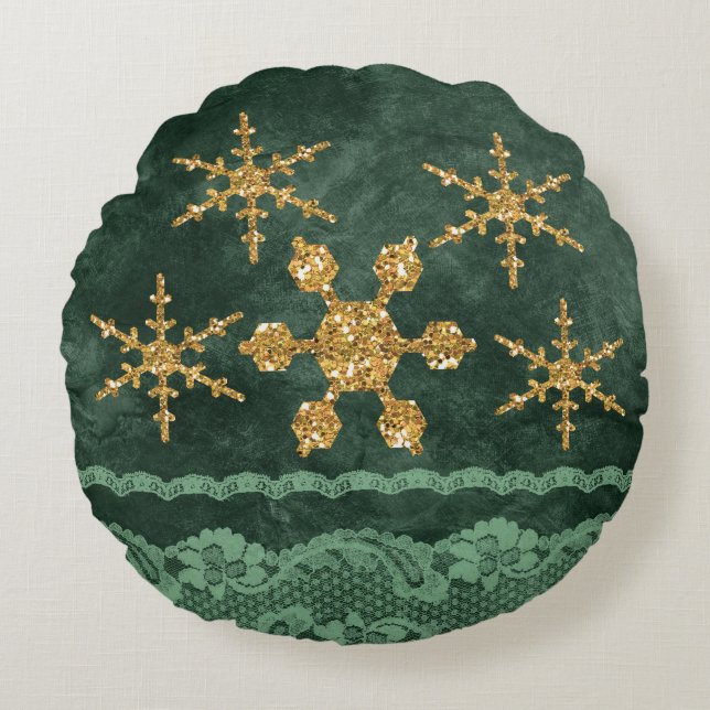 Cojín Redondo Golden Snowflakes Emerald Green Faux Lace (Anverso)