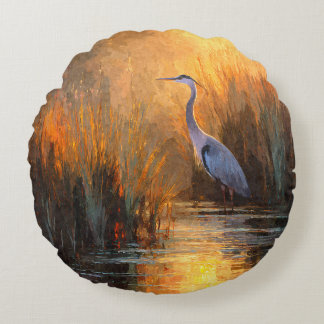 Cojín Redondo Golden Sunset Heron Autumn Watercolor Pillow