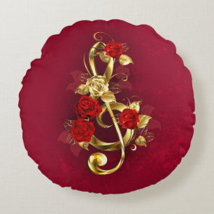 Cojín Redondo Golden Treble Clef con flores Rosas