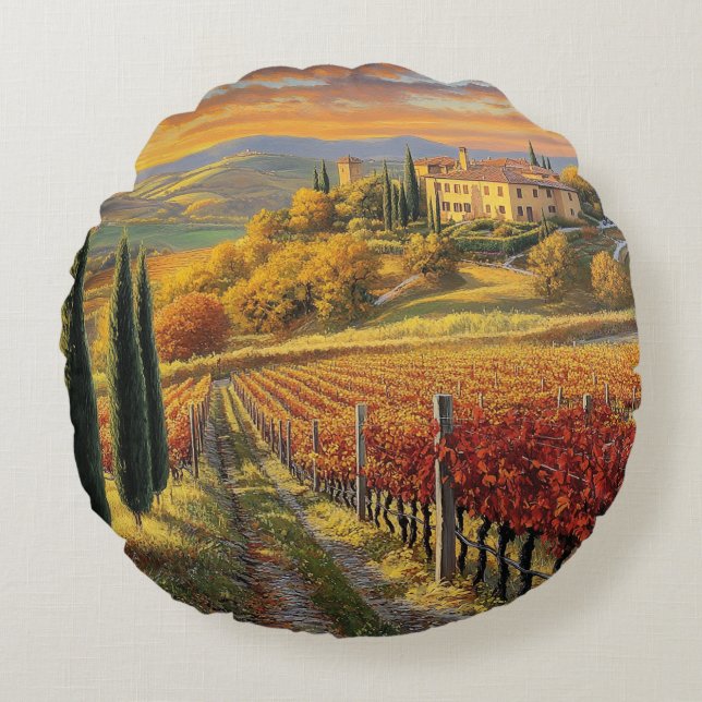 Cojín Redondo Golden Vineyard Path – Round Throw Pillow (Anverso)