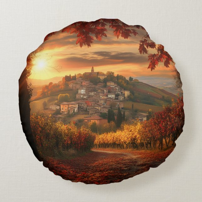 Cojín Redondo Golden Vineyard Sunset – Round Fall Accent Pillow (Reverso)