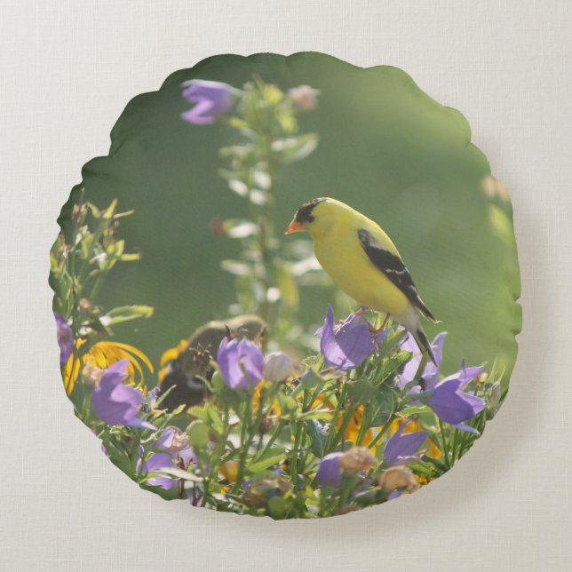 Cojín Redondo Goldfinch en una flor harebell (Anverso)