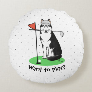 Cojín Redondo Golf Siberian Husky (negro) Perro jugando Cute Gra