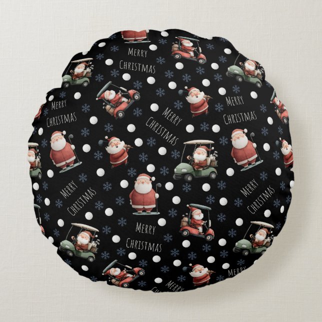 Cojín Redondo Golfing Santa sobre Black (Anverso)