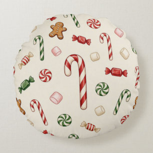 Cojín Redondo Golosinas de Navidad y bastones de caramelo, fondo