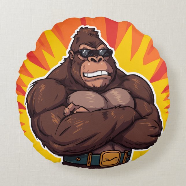 Cojín Redondo Gorilla Bodybuilder Weight Lifter Pop Art Cartoon (Anverso)