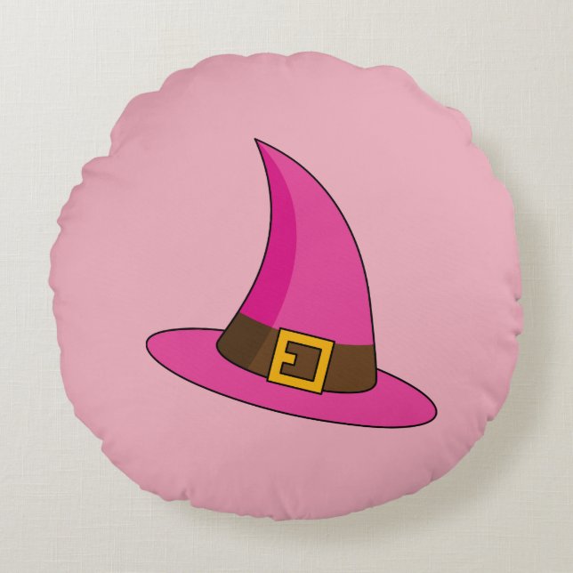 Cojín Redondo Gorra de bruja rosa (Anverso)