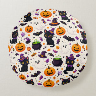 Cojín Redondo Gorros de Bruja de Halloween y Patrón de Gatos 🧙