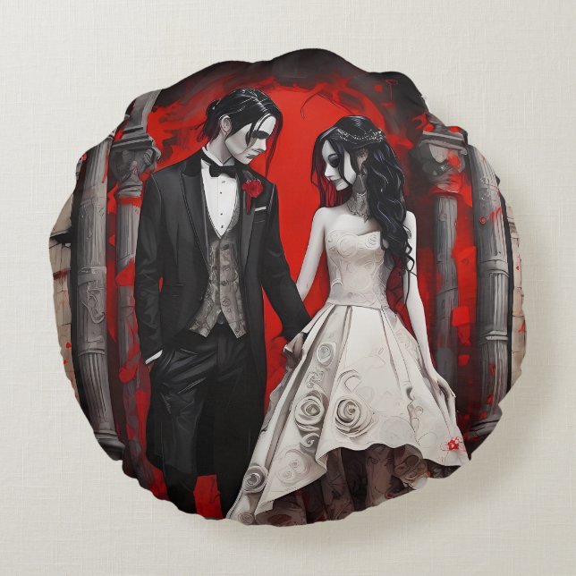 Cojín Redondo Goth Wedding Couple  (Reverso)