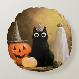 Cojín Redondo Gótico caprichoso Halloween Gato Fantasma Calabaza