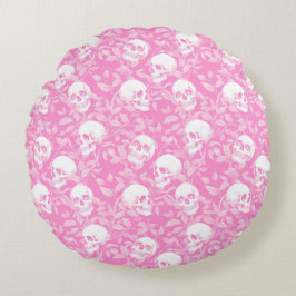 Cojín Redondo Gótico femenino punk calaveras rosadas y follaje H