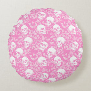 Cojín Redondo Gótico femenino punk calaveras rosadas y follaje H