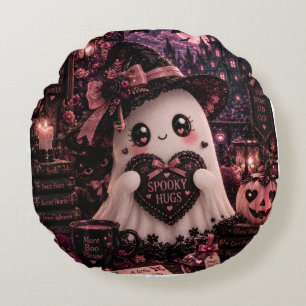 Cojín Redondo Gótico Lindo Rosa Fantasma Halloween Espeluznante