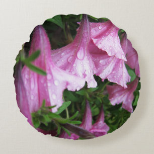 Cojín Redondo Gotitas de rocío en flores rosadas