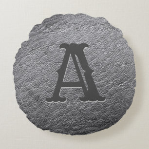 Cojín Redondo Grabado en relieve de monograma de cuero gris fals