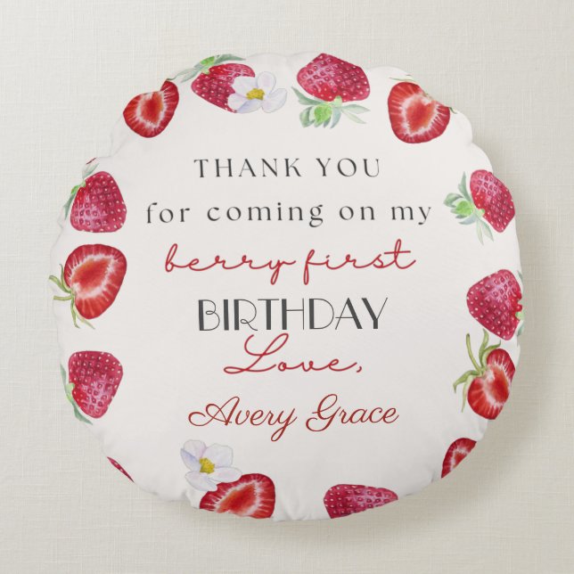 Cojín Redondo Gracias Mi Berry First Birthday Cute Strawberry (Anverso)